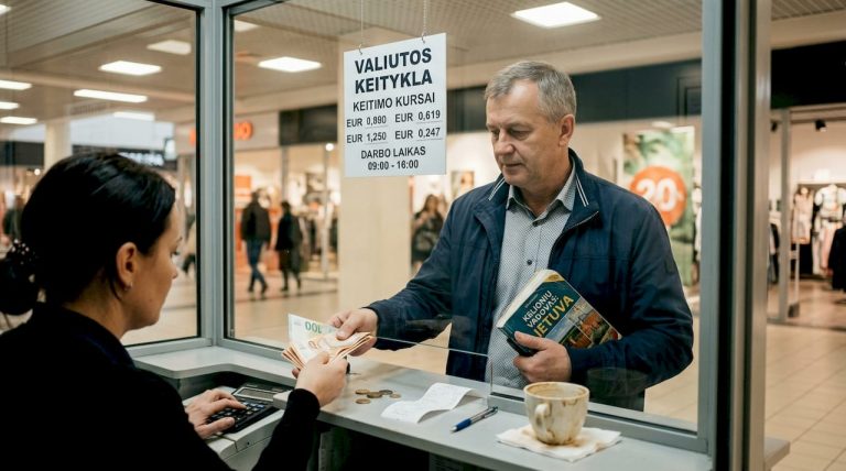 Vyras prie valiutos keityklos langelio perduoda eurus darbuotojai.