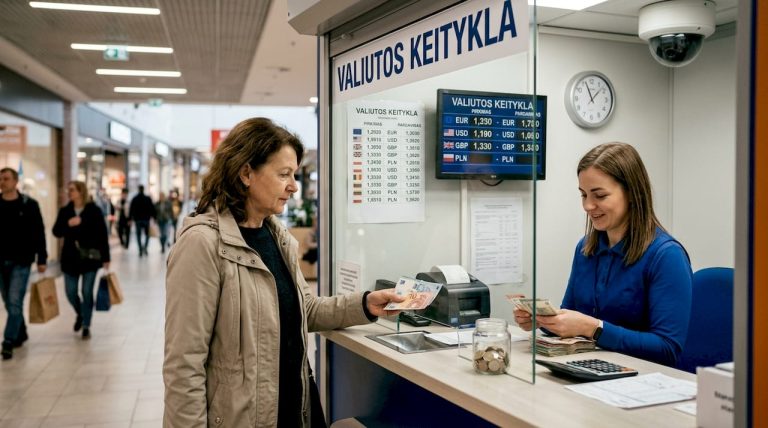 Vilniaus prekybos centre – valiutos keitimo punktas, kur nuolat sukasi žmonės, norintys pakeisti pinigus prieš kelionę ar apsipirkimą.