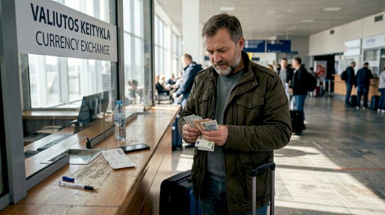 Kelionių entuziastas oro uoste perskaičiuoja pinigus valiutos keitykloje.