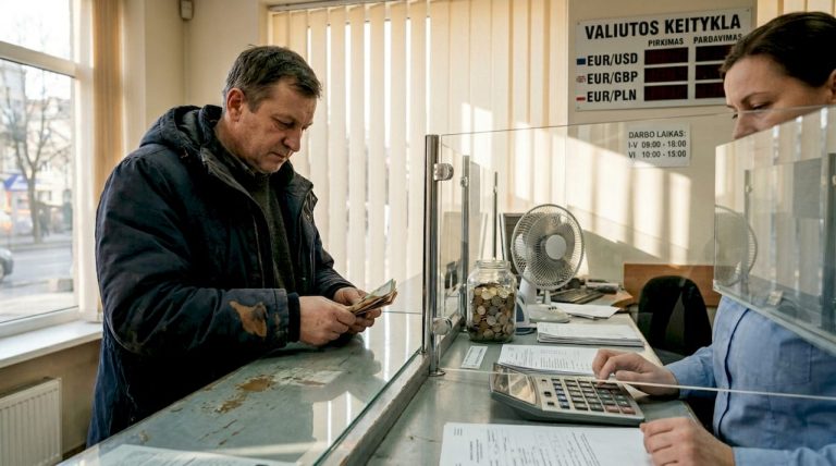 Vyras prie valiutos keityklos langelio skaičiuoja pinigus.