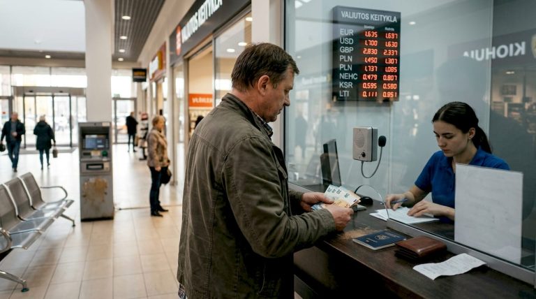 Vyras skaičiuoja pinigus Kauno valiutų keitykloje