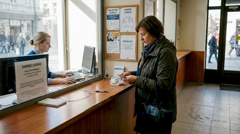 Klientas keičia valiutą banko skyriuje