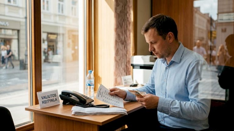 Valiutų keityklos darbuotojas prie stalo skaičiuoja pinigus.