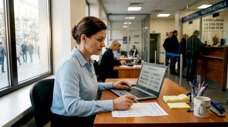 Banko darbuotojas prie savo darbo stalo tikrina valiutų kursus.