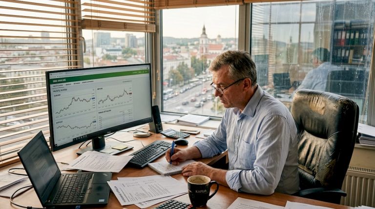 Finansų analitikas nagrinėja valiutų kursų grafikus.