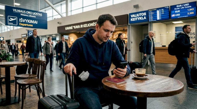 Kelionės metu oro uosto kavinėje keleivis tikrina valiutų kursus telefone.