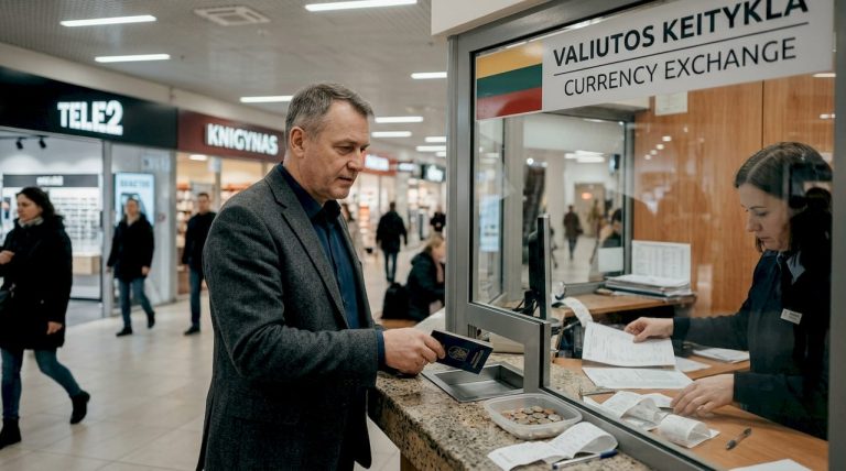Vyras keičia pinigus Lietuvos valiutos keitykloje