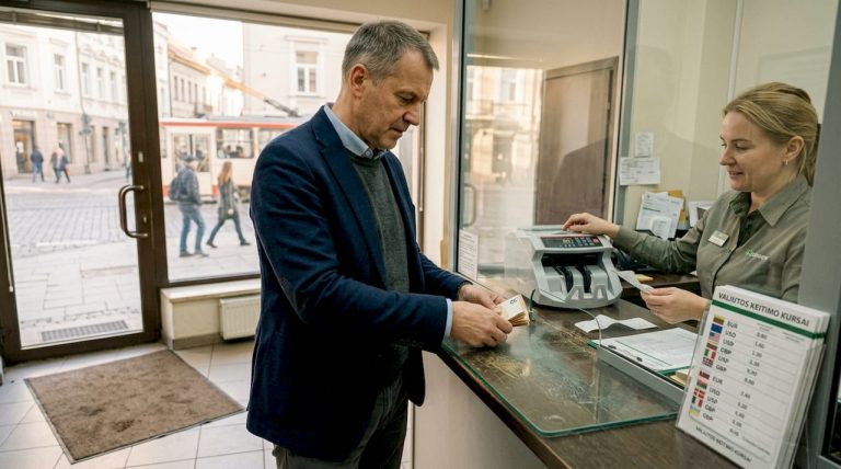 Vilniuje žmogus keičia pinigus valiutos keitykloje.