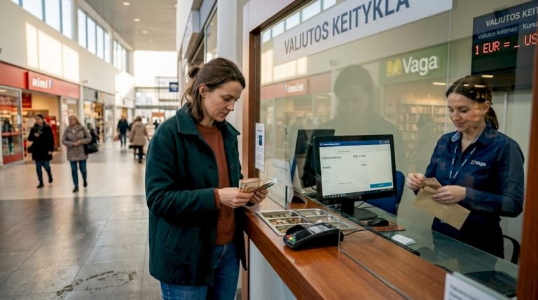 Klientas tikrina gautus grynuosius pinigus valiutų keitykloje Kaune.