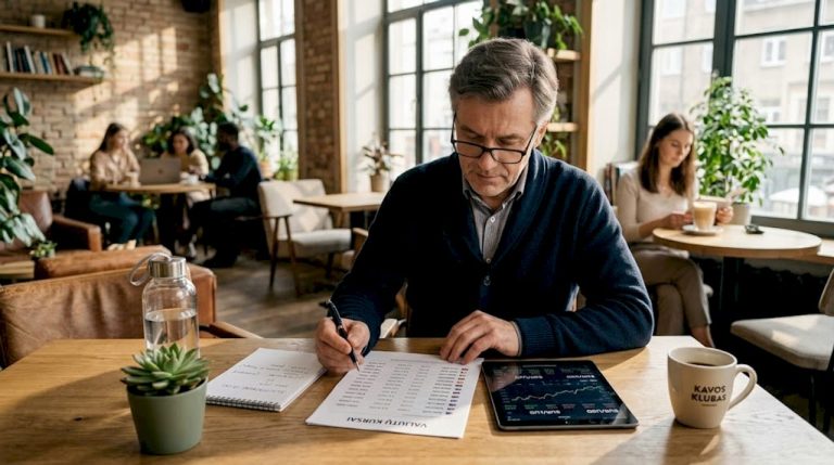 Finansų konsultantas nagrinėja valiutų kursų ataskaitas