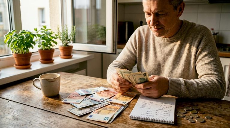 Žmogus virtuvėje prie stalo kruopščiai skaičiuoja įvairias užsienio šalis atstovaujančias monetas ir banknotus.