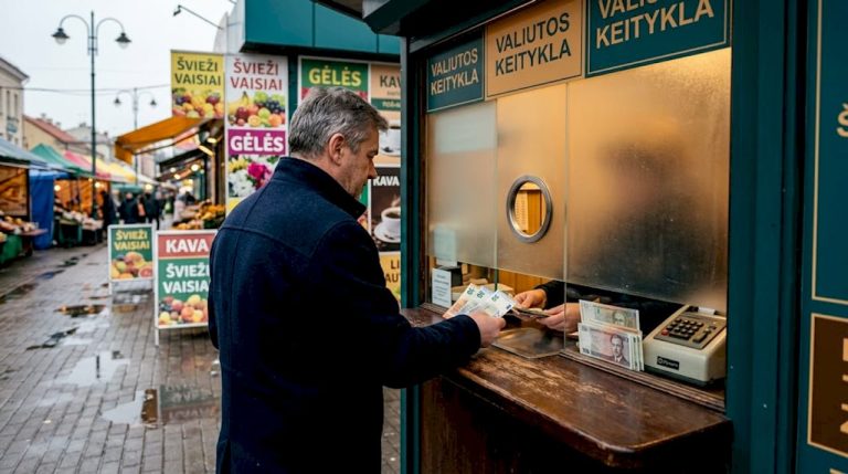 Vyras keičia valiutą Lietuvos valiutos keitykloje