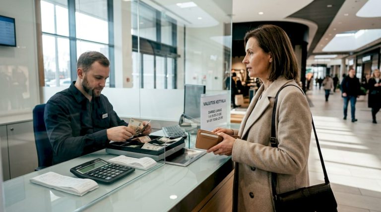 Klientas užsuka į valiutų keityklą pasikeisti pinigų.