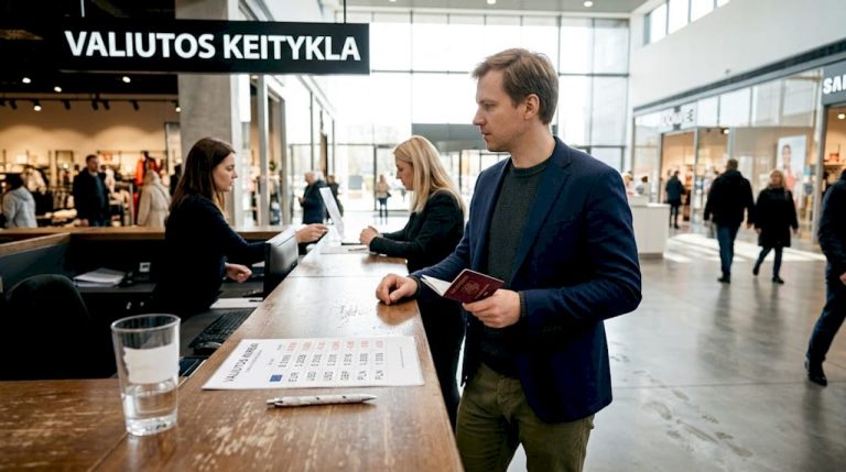 Klientas laukia, kol jam bus suteikta valiutos keitimo paslauga centre.