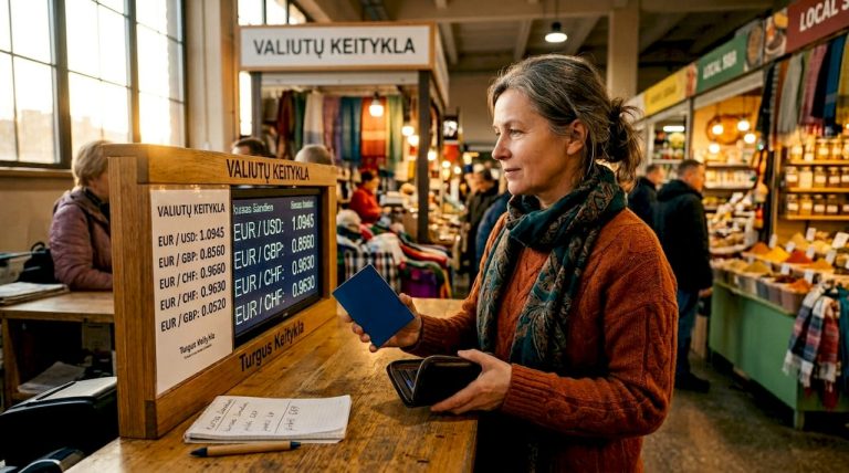 Kelionėje sustojęs keliautojas prie valiutos keityklos langelio
