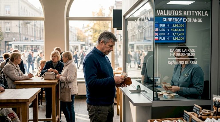 Vyras prekybos centre keičia valiutą pinigų keitykloje.