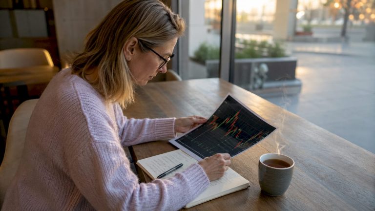 Finansų analitikas prie darbo stalo nagrinėja valiutų kursų grafikus.