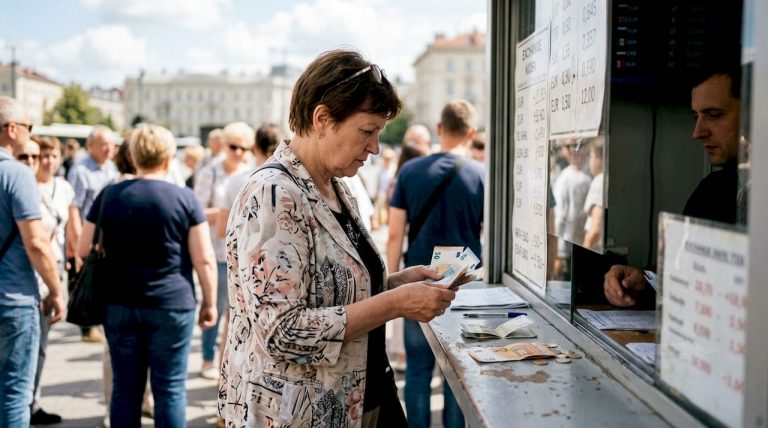 Moteris valiutos keitykloje pateikia savo dokumentus