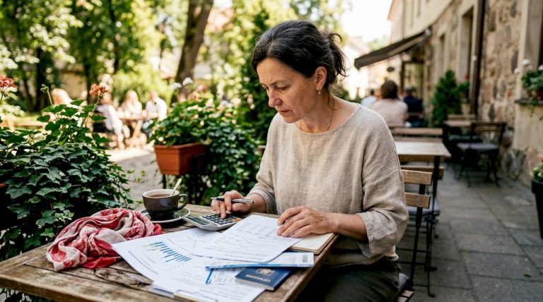 Kavinėje moteris naršo telefone ir tikrina valiutų kursus, planuodama artėjančią kelionę.