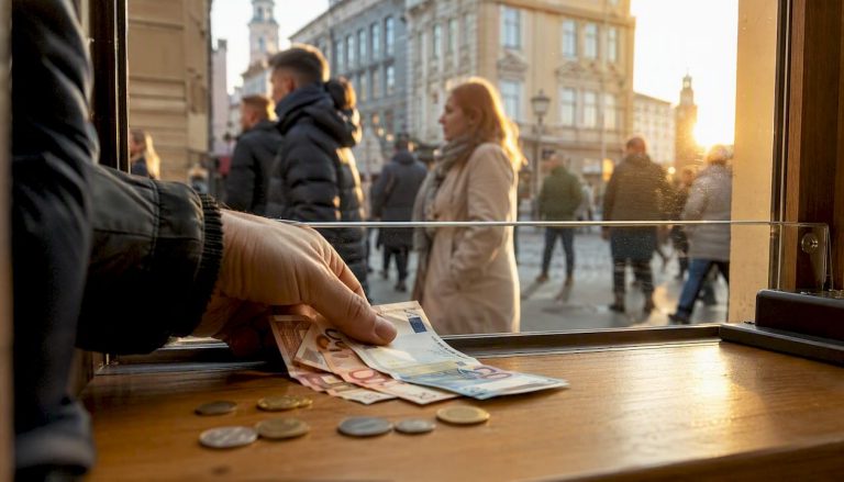 Prie valiutos keityklos langelio rankomis skaičiuojami pinigai