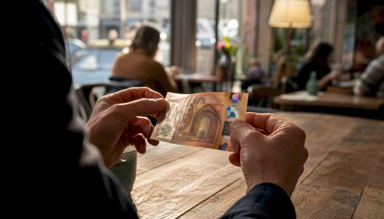 Rankos kruopščiai apžiūrinėja euro banknoto saugumo elementus