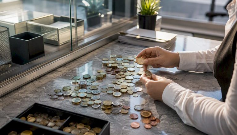 Rankos rūšiuoja Lietuvos monetas ant stalo