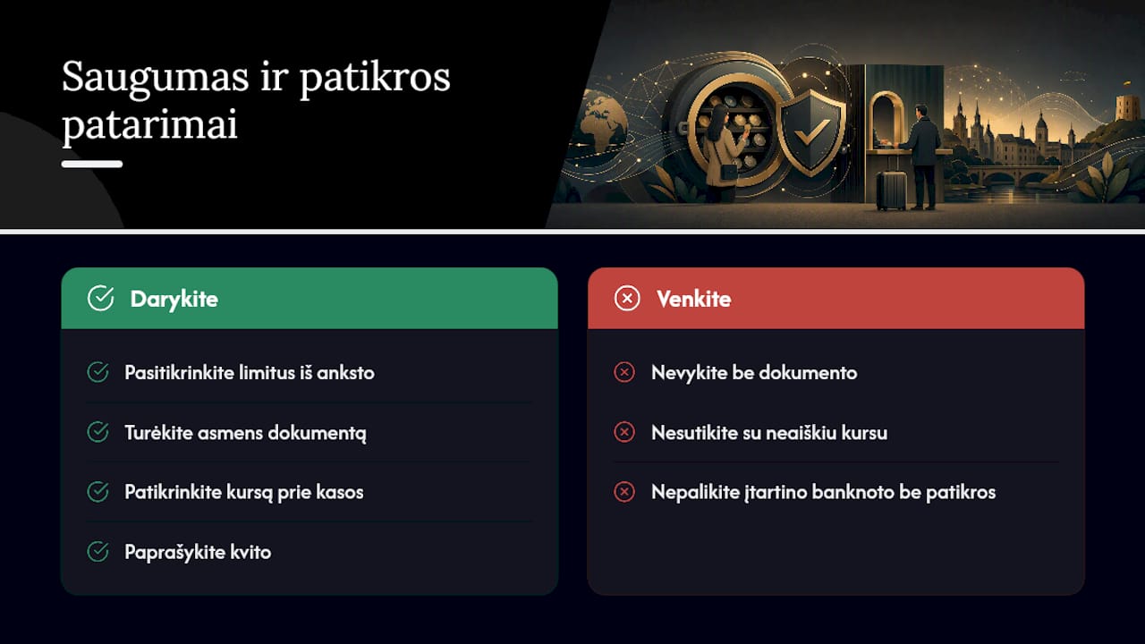 Saugumas, dokumentai ir banknotų tikrinimas: ką būtina žinoti prieš keisdami retesnę valiutą — overview diagram