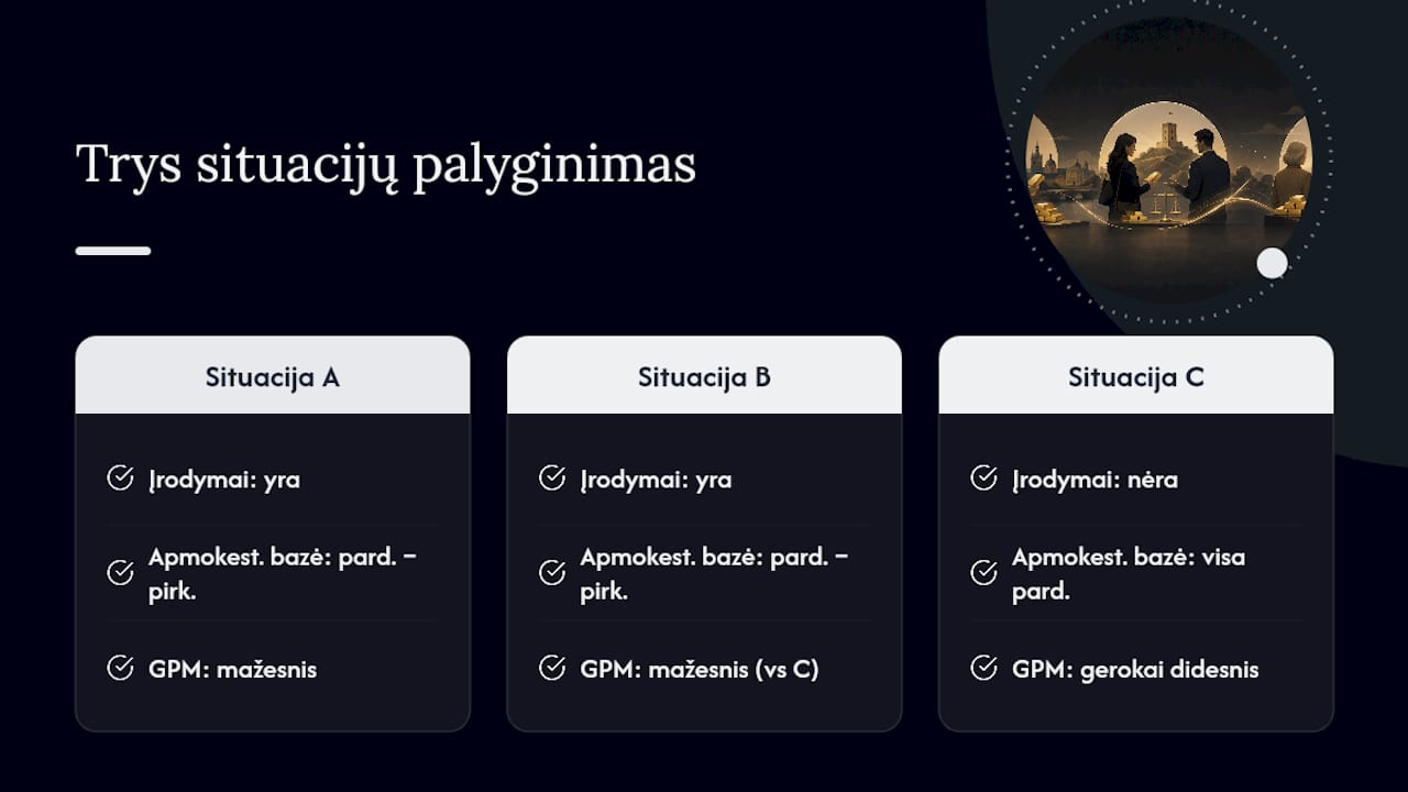 Trijų skirtingų aukso pardavimo situacijų GPM palyginimas