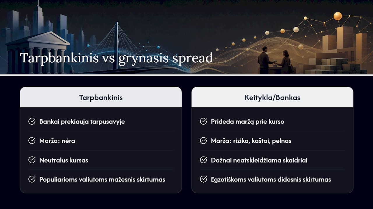 Kas yra valiutų kursų skirtumas grynais ir tarpbankinis kursas — overview diagram