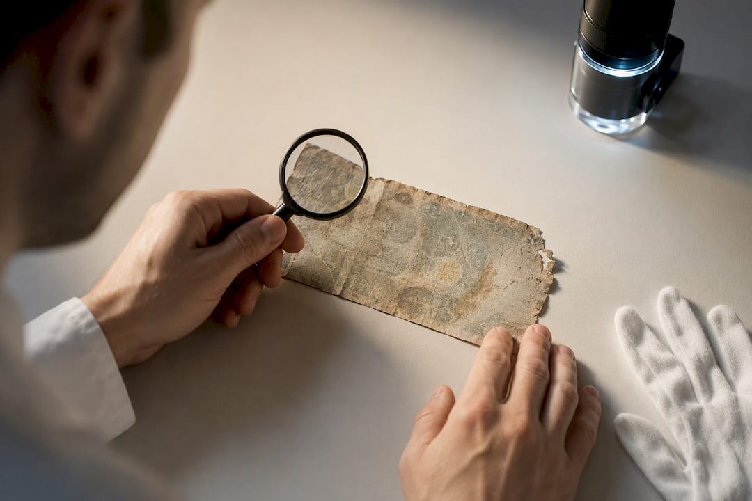 Pažeistą banknotą tikrina didinamasis stiklas