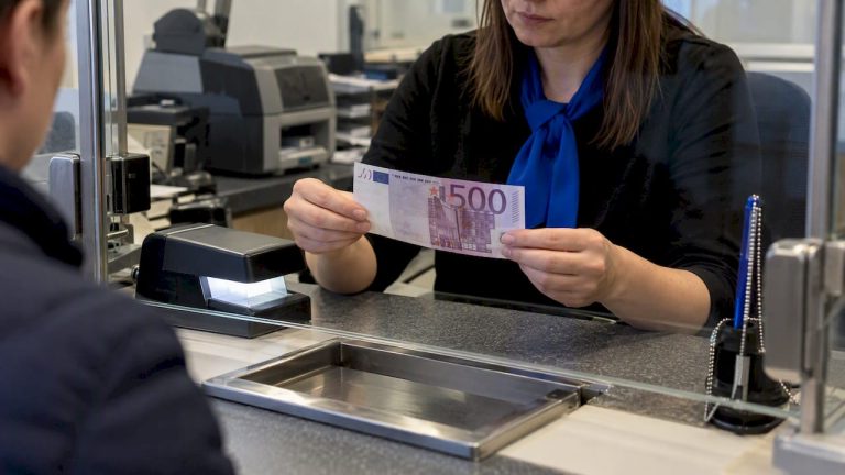 500 eurų banknotą tikrina keitykloje