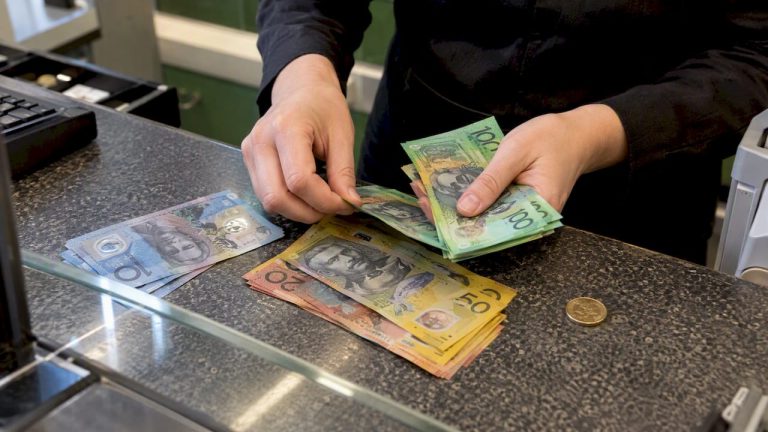 Australijos dolerių banknotai keityklos vitrinose