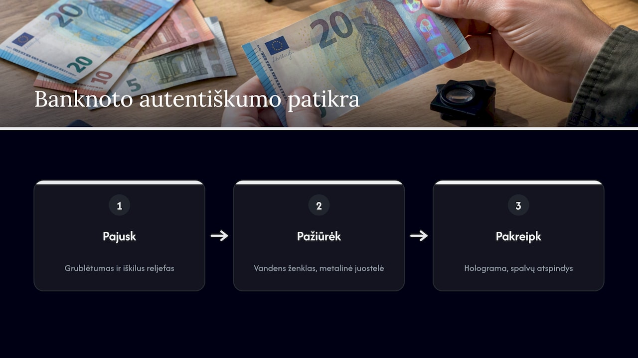 Trys eurų banknoto tikrinimo žingsniai