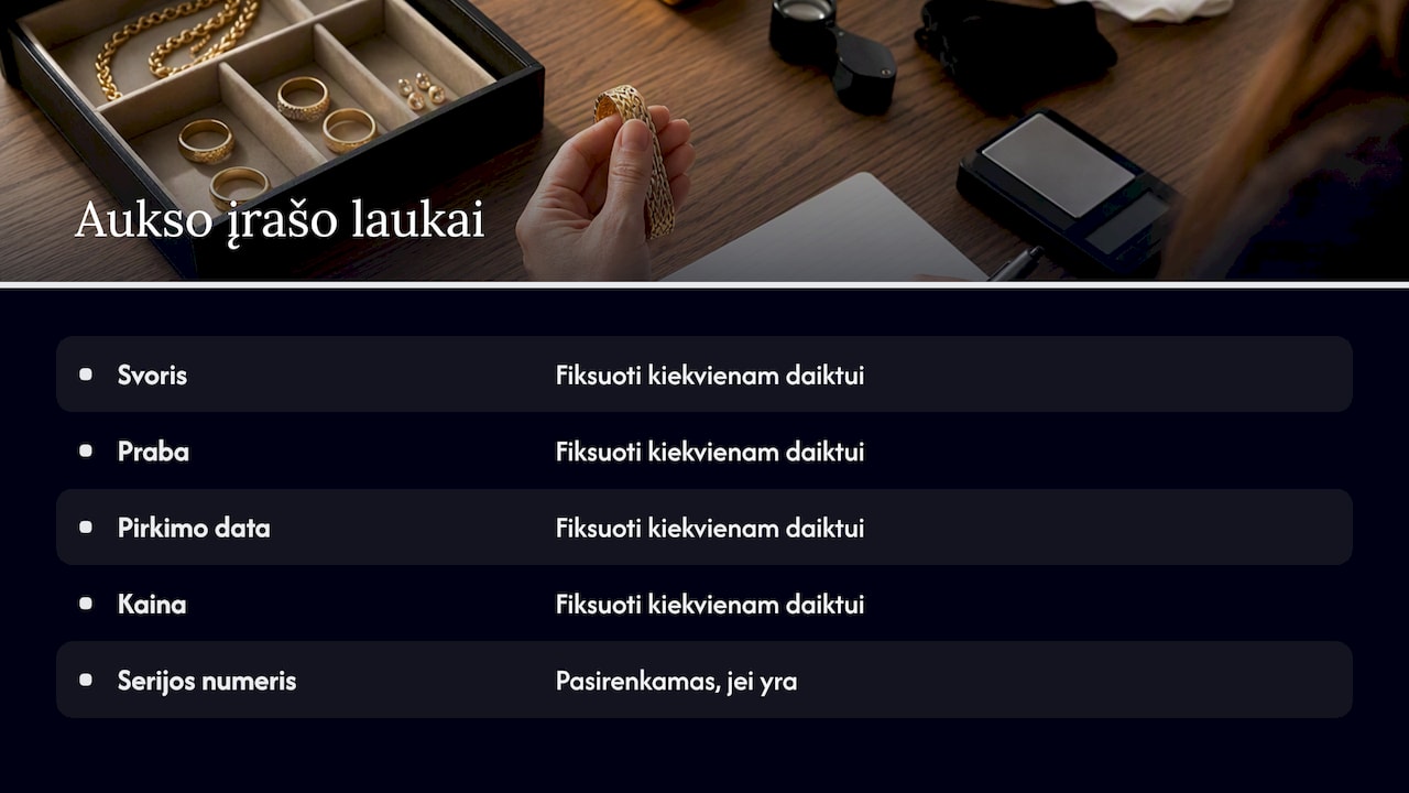 Penki aukso daikto dokumentavimo laukai