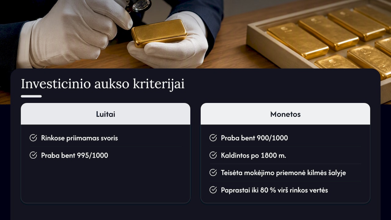 Luitų ir monetų investicinio aukso kriterijų palyginimas