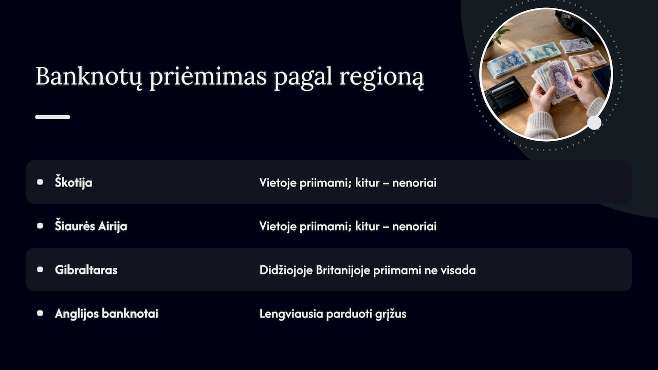 Skirtingų JK regionų banknotų priėmimo palyginimas